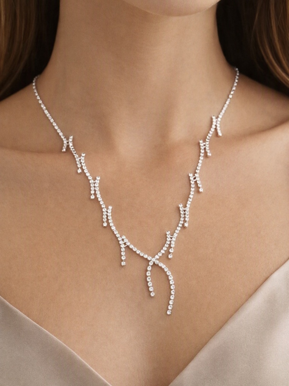 Elegant Silver Crystal Vine Necklace 18”
